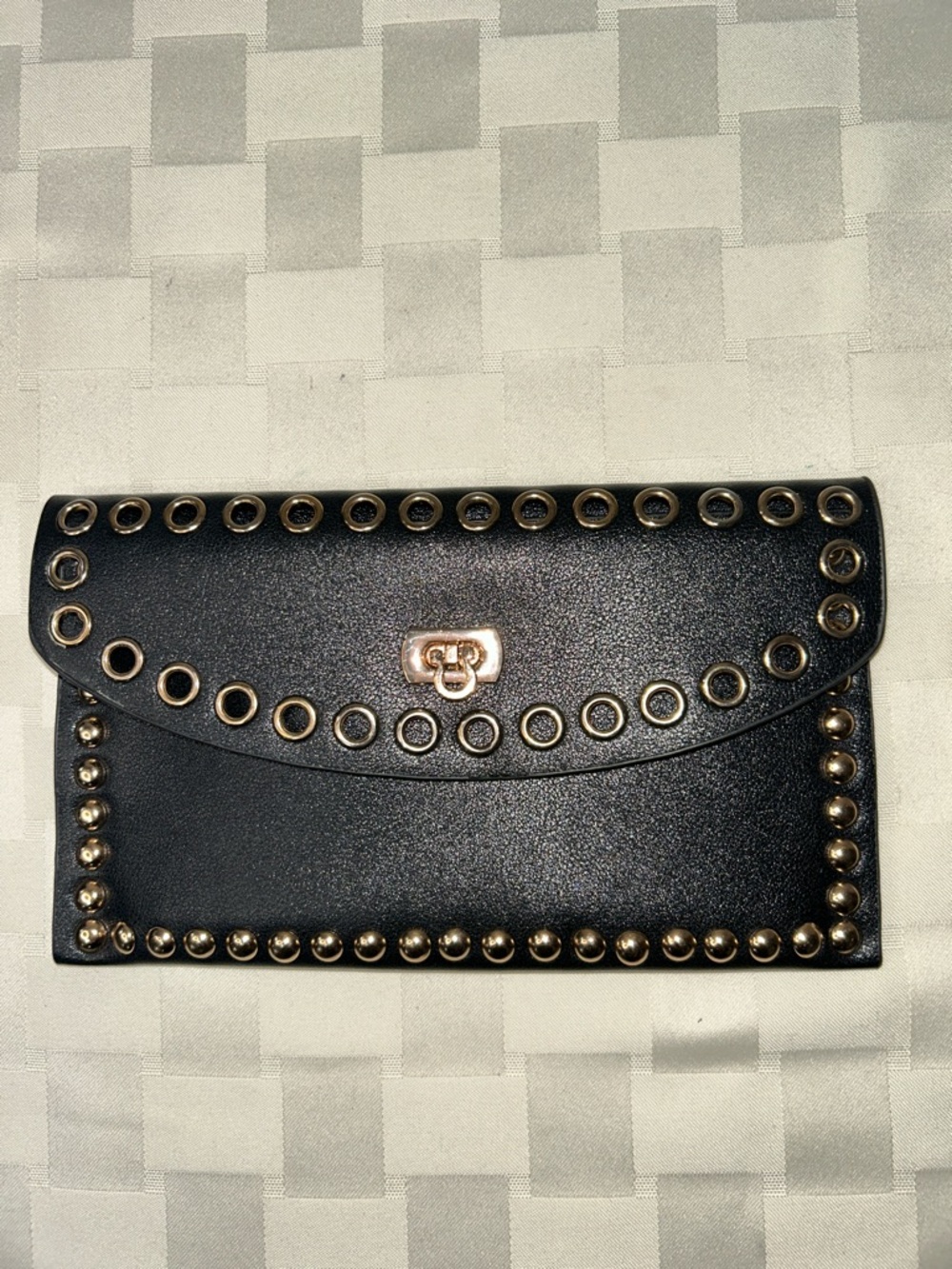 Black Grommet-Accent Leather Envelope Clutch with Gold Hardware